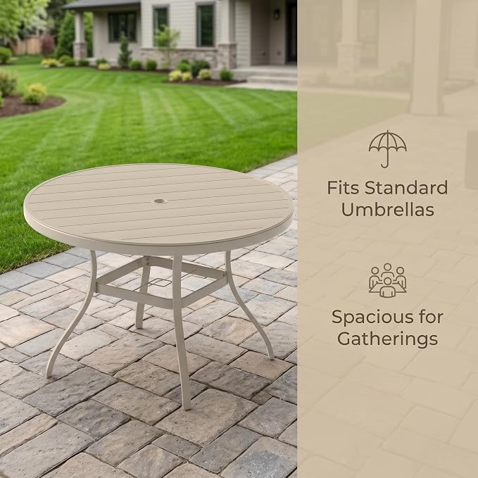 BROVAVE 40" Outdoor Round Dining Table, Metal Dining Tables, Patio Dining Table with Rust-Proof & Easy-Assembly for Deck/Lawn/Garden, Sandstone