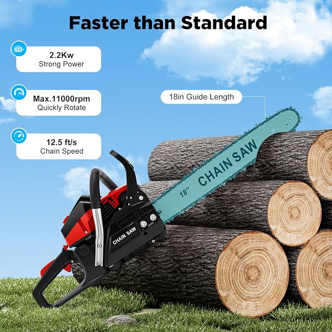 18 Inch Gasoline Chainsaw, 58cc 2-Stroke Handheld Gas Chainsaw with 2.2Kw Power, 12.5ft/s Chain Speed, 2-Stroke Engine, Dual Safety Switch for Wood Cutting, Garden Pruning, Tree Trimming