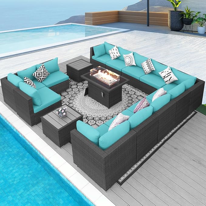 NICESOUL 15 Piece Outdoor Patio Furniture Set with Fire Pit, Extra Large Wide Outdoor Deep Seated Sectional, Cozy 29.3'' High-Back Modular Couch, 500 Lbs High Weight Capacity Wicker Sofa, Gray & Teal