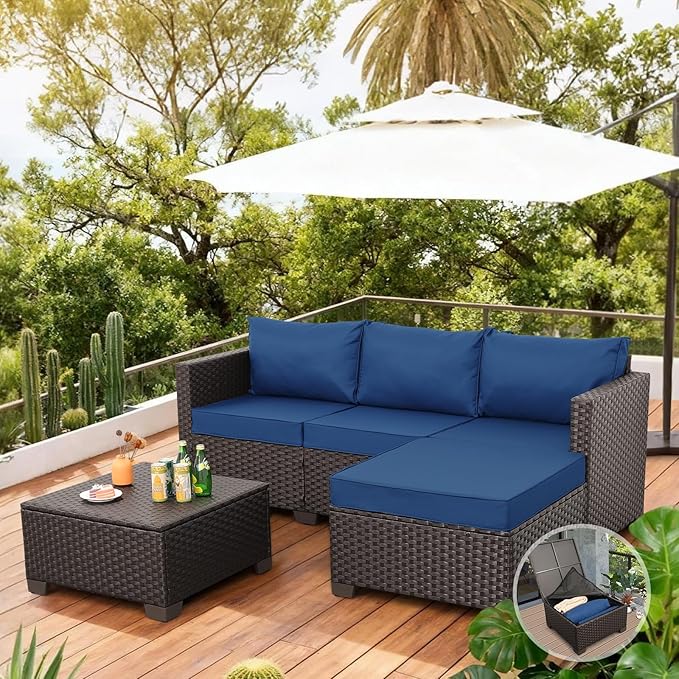 Patio Furniture Set 3 Pieces Outdoor Sectional Sofa Set Wicker Patio Furniture Outdoor Couch Outdoor Ottoman Coffee Table with Storage All-Weather Anti-Slip Cushions Waterproof Covers, Navy Blue