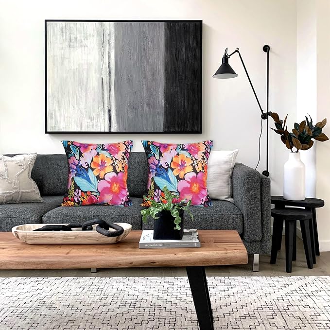 TAJWE Outdoor Pillow Covers 20x20 Inch Set of 2 Black Floral Waterproof Throw Pillowcases Modern Farmhouse Decorative Square Cushion Cases for Patio Furniture Garden Bench Porch Decor