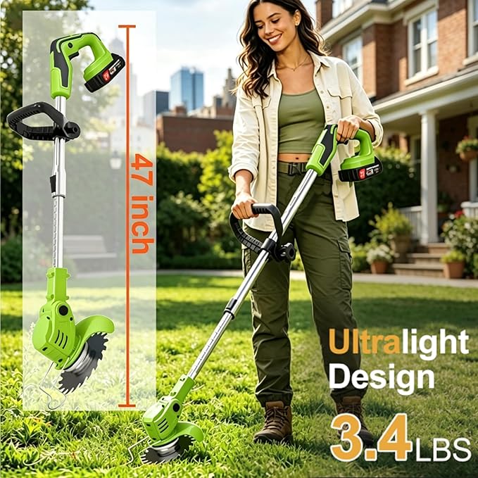 Electric Weed Wacker, 21V Cordless Weed Eater Battery Powered, No String Trimmer with Wheels & Metal Blades, Lightweight Grass Trimmer/Brush Cutter/Lawn Edger, Stringless Weed Trimmer for Yard Garden