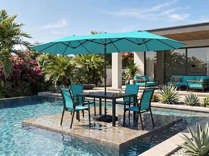 PURPLE LEAF 14ft Patio Market Umbrella with Base Double-Sided Rectangle Outdoor Table Sun Umbrellas with Crank 12 Heavy Duty Sturdy Ribs for Pool Beach Deck Backyard Turquoise Blue