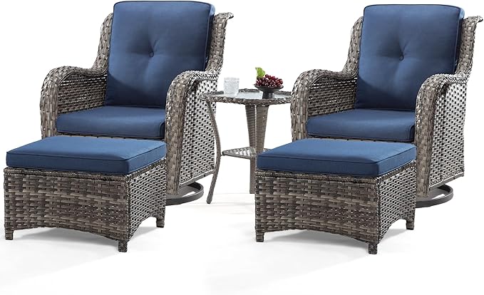 5 Piece Outdoor Patio Furniture Set Wicker Conversation Bistro Set Swivel Rocking Chairs with Side Table and Ottomans for Backyard, Porch, Deck(Mixed Grey/Blue)