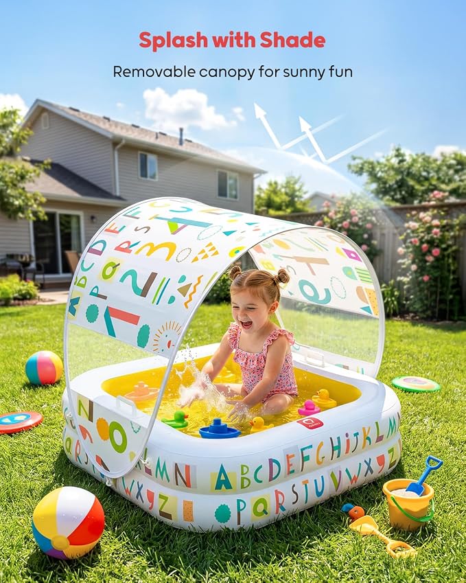 QPAU Baby Pool with Detachable Canopy for Sun Protection, 35" x 10" Portable Inflatable Kids Pool with Padded Bottom, Kiddie Pool & Ball Pit with Handles for Backyard and Indoor, Ages 1-3 (Yellow)