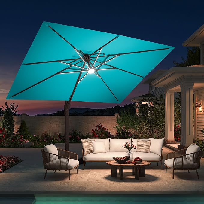 10 X 13 FT Cantilever Patio Umbrella with Led Lights Outdoor Rectangle Offset Large Double Top Heavy Duty Umbrellas with 360°Rotation for Pool Deck Backyard Garden, Turquoise