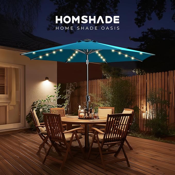HOMSHADE 9ft Solar Patio Umbrella - Solar Lights LED Lighted Outdoor Market Table Umbrella, UPF50+ UV Protection with Push Button Tilt, Crank for Pool Deck and Garden (Peacock Blue)
