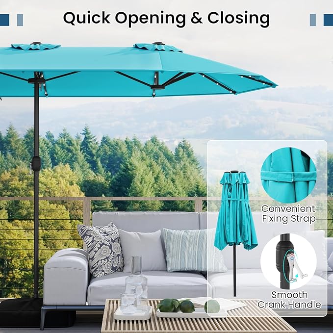 Tangkula 13FT Double-Sided Solar Patio Umbrella, Extra-Large Outdoor Twin Umbrella with 36 LED Lights, Vented Top, Crank Handle, 12 Ribs, Weighted Base Included for Backyard Poolside Deck (Turquoise)