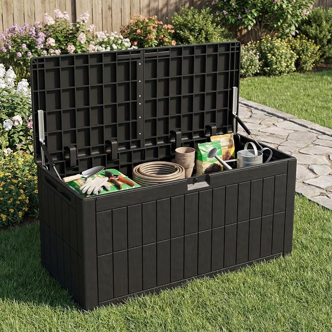 MAVIS LAVEN Water Proof Storage Bin, Outdoor Storage Box 122x61x54cm Lockable Deck Box with Built in Lid for Patio Furniture Garden Tools Pool Supplies