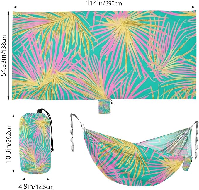 Tropical Palm Tree Pink and Gold Leaves 330lb Capacity Hammocks Fabric Hammock for Patio Backyard Lounge Base hamacas para adultos con soporte