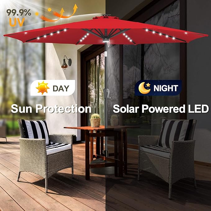 FLAME&SHADE 9 FT outdoor umbrella with 40LED lights, solar light patio umbrella with Centre Surround Light, Table Market Umbrella Outdoor Patiofor Deck, Pool, Backyard, Garden (Red)