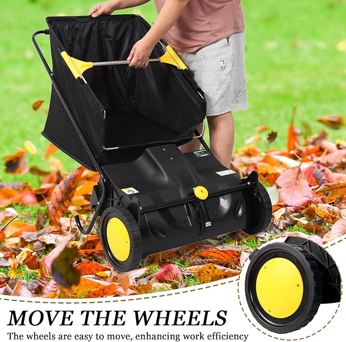 21 Inch Lawn Sweeper Push Hand Powered for Leaves, Grass Clippings & Yard Debris, 4 High-Speed Brushes & Large 7 cu ft Hopper Bag | Adjustable Height, ABS+Steel Frame (21 Inch Black)