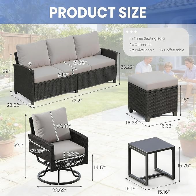 6 Piece Outdoor Furniture Set, Rattan Patio Furniture with 2 Swivel Chairs, 3-Seat Sofa, 2 Ottoman & Side Table, All-Weather Conversation Set for Porch Garden Lawn Balcony (Black & Gray)
