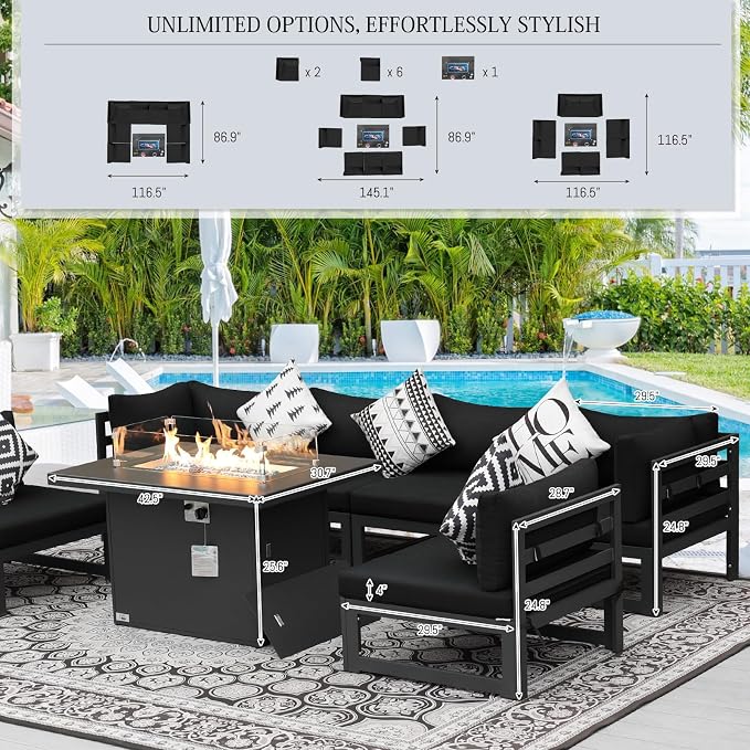 BULEXYARD 9 Pcs Large Modern Aluminum Outdoor Sofa with Rectangular Fire Pit Table, 29" Deep Wide Seat, 500 lbs Durable Sectional Set for Heavy People, All-Weather Patio Furniture Set for Deck, Black