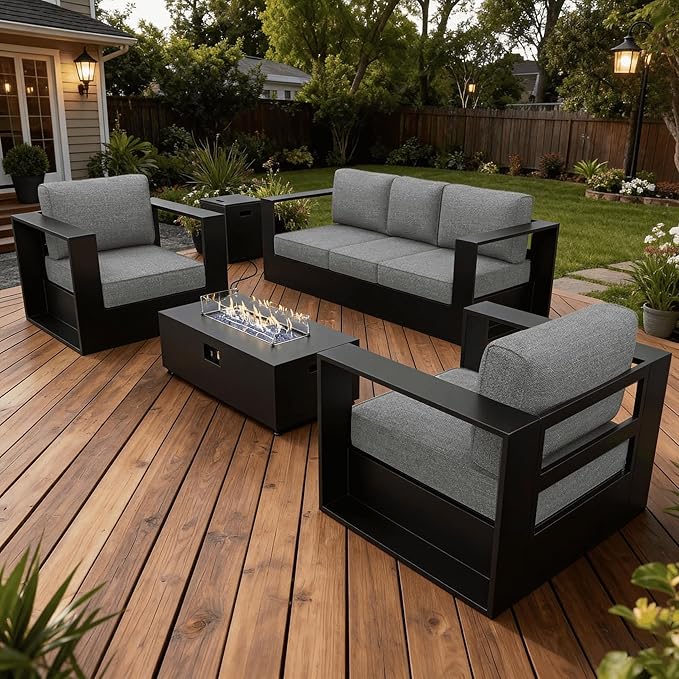 LayinSun Oversized Aluminum Outdoor Furniture Set, 4 Piece Patio Sofa Sets with Fire Pit Table, Deep Seating and Upgraded 6-inch Cushions for Porch, Balcony, Deck