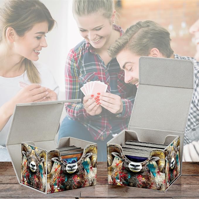Card Deck Box for MTG, Cards Storage Box Fits 120+ Sleeved, Leather Small Size Strong Magnetic Closing Card Case for Board Games Magic TCG CCG Baseball Collection, Brown Bighorn Sheep