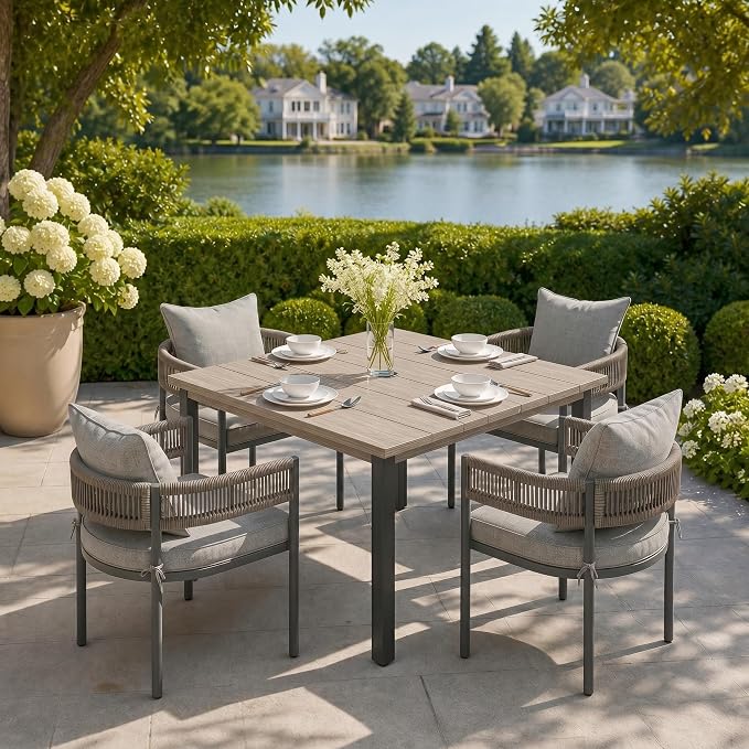 VICLLAX Patio Dining Set, 40.2" Grey Table & 4 Chairs with Grey Cushion | Outdoor Table and Chairs Set of Square Metal Patio Table, Outdoor Dining Chairs with Metal Frame, Garden Deck Porch