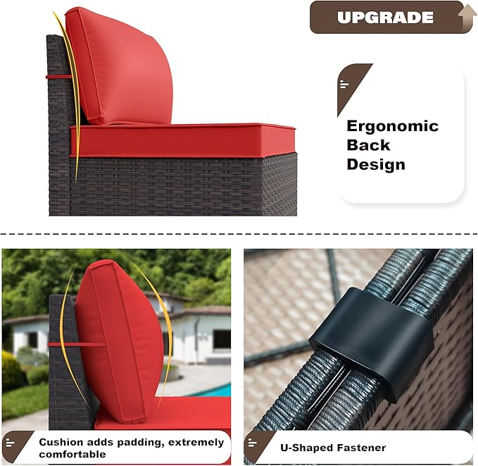 Patio Furniture Sectional Sofa Set 13PCS PE Rattan Patio Conversation Set w/43in Gas Fire Pit Table, Outdoor Furniture with 55000 BTU Propane Fire Pit, Red