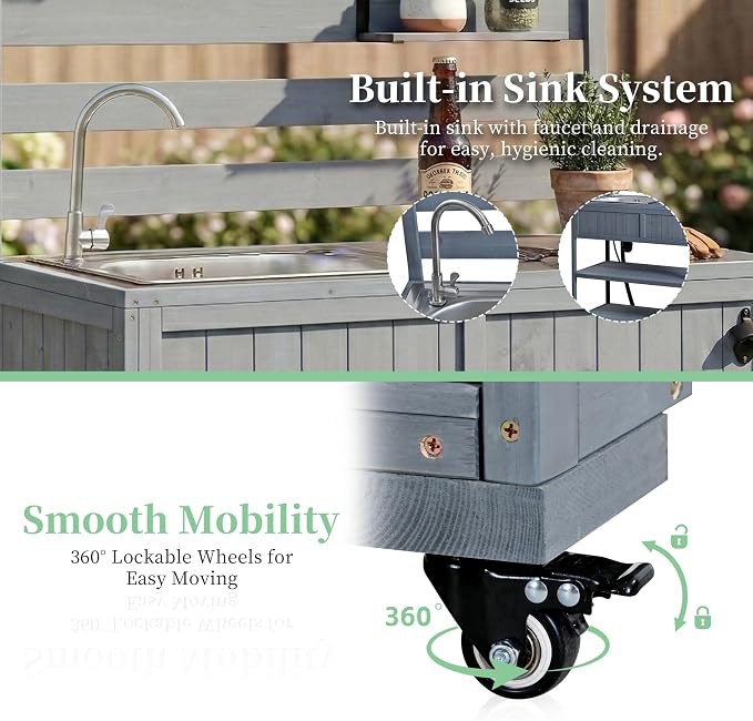 RUNNA 4-Piece Outdoor Rolling Kitchen Island with Sink w/Faucet, Solid Wood Grill Table with Storage Cabinets, Drawers, Stainless Table Top and Movable Shelves for Garden (Gray#38)