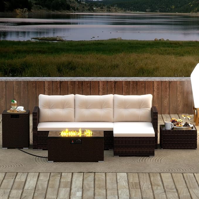 Tangkula 5 Pieces Patio Furniture Set with 32” Fire Pit Table and Propane Tank Cover, Outdoor Wicker Cushioned Sectional for Deck, Backyard, Fire Pit Protective Cover Included (Beige)