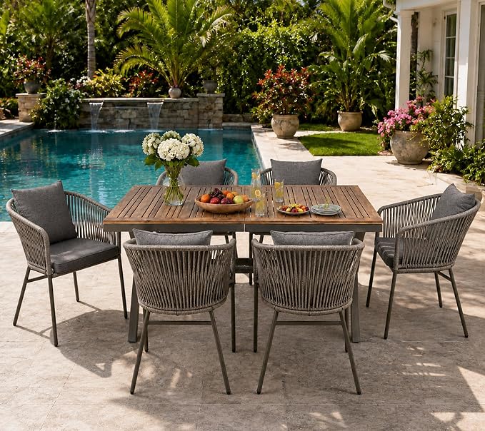 7PCS Outdoor Dining Set, Patio Table and Chairs Set for 6, Rope Weaving Patio Chairs with Thickened Cushions & Rectangular Dining Table with Metal Frame and Acacia Wood Tabletop, Gray