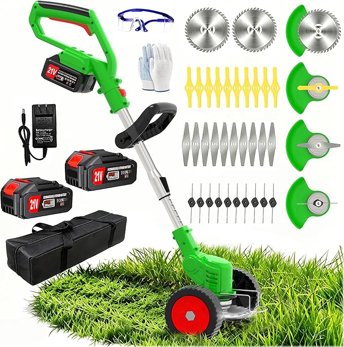 Cordless Weed Wacker Electric Eater Battery Powered, 3 in 1 Lightweight Portable Stringless Weed Trimmer 21V x 2 Battery Operated, Grass Trimmer/Brush Cutter/Lawn Edger with Wheels for Garden Yard