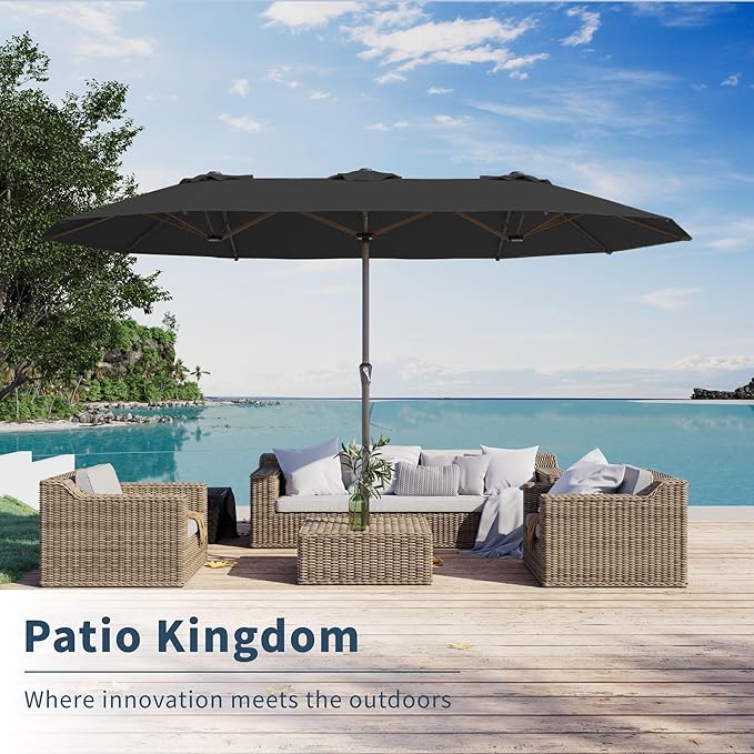 PatioKingdom 15FT Large Patio Umbrella with Base, Double Sided Rectangular Outdoor Umbrella with Sturdy Fiberglass Ribs, Market Umbrella for Pool,Garden,Backyard,Deck (Black, 15FT)