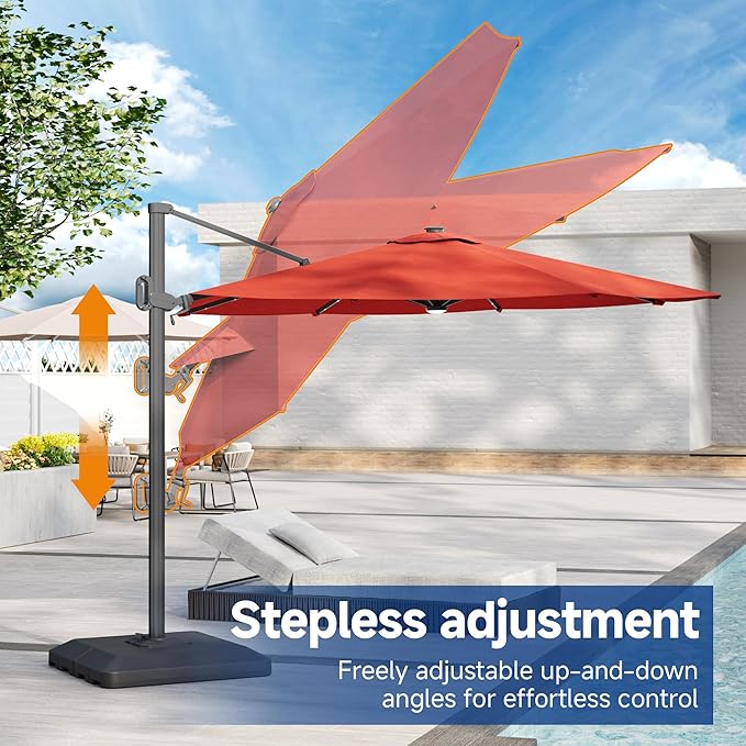 FLAME&SHADE 11ft Cantilever Patio Umbrella with Base, Round Offset Umbrella with Solar Light Strips, Large Heavy Duty Outdoor Aluminum 360° Rotation,for Deck,Pool,Backyard