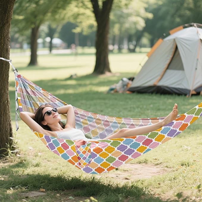 Camping Hammock Outdoor Hammocks for Outside Trellis Geometric Lattice Colorful Beach Trees Portable Lightweight with Pockets Tree Straps Indoor