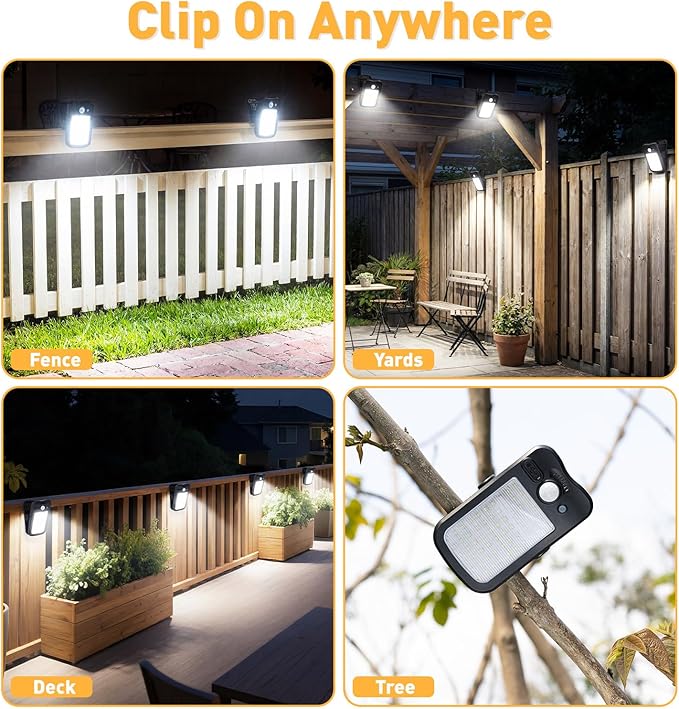 2 Pack Clip On Solar Lights Outdoor, 60 LED 500LM Motion Sensor Clamp Light, USB & Solar Powered Waterproof Security Lights for Fence Gutter Deck Camping, 1-Second Fast Install