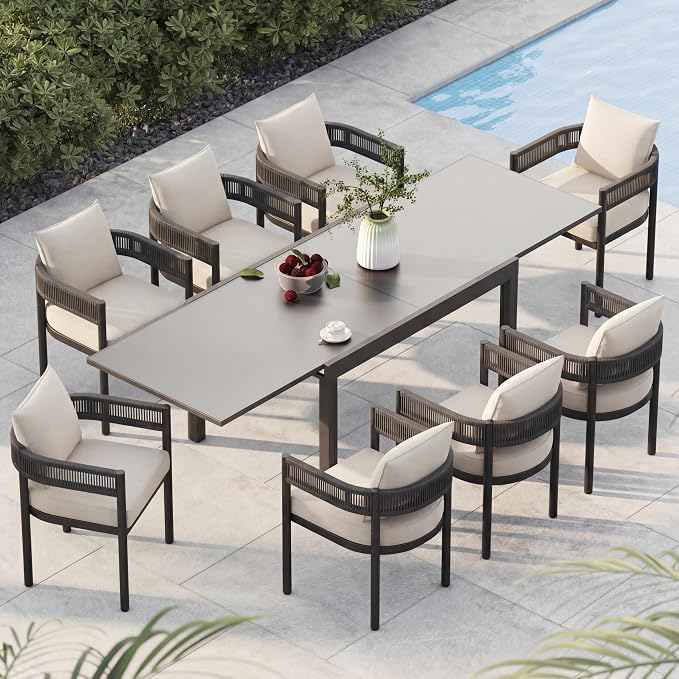 Grand patio 7-Piece Expandable Table Dining Set for 6 to 10, Aluminum Outdoor Dining Table with Glass Tabletop, Metal Woven Wicker Fixed Patio Chairs with Cushions for Yard, Poolside, Deck (Black)