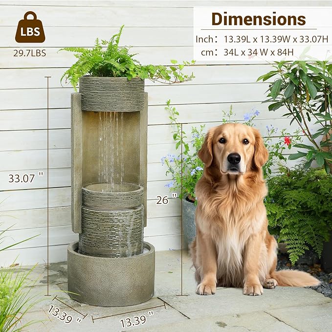 Sunlinua 29.7" H Modern Outdoor Water Fountain Cascading Realistic Rock Waterfall Fountains with LED Lights Outdoor Water Fountain for Garden Patio Backyard Porch Home Decor Gary