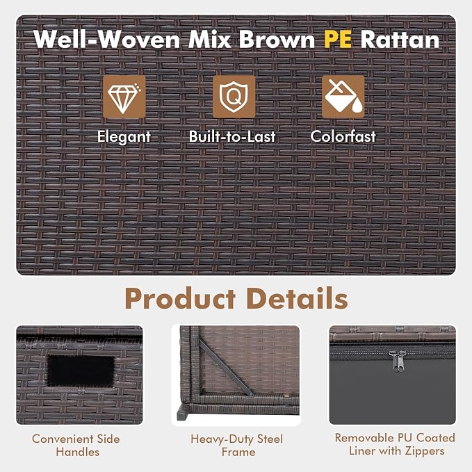 50 Gallon Deck Box, PE Wicker Storage Box with Lid, Water-resistant Liner & Universal Wheels, Outdoor Storage Container for Pillows, Cushions, Garden Tools (Mix Brown)
