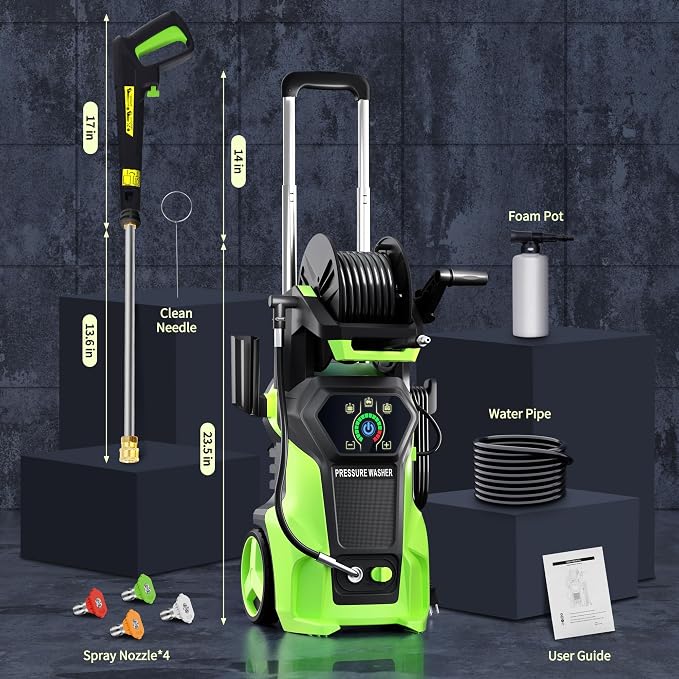 𝟓𝟎𝟎𝟎𝐏𝐒𝐈 𝐏𝐫𝐞𝐬𝐬𝐮𝐫𝐞 𝐖𝐚𝐬𝐡𝐞𝐫 Cleaner, Portable Car Washer with 4 Quick Connect Nozzles, Foam Cannon for Car Driveway Patio Fence (Green)