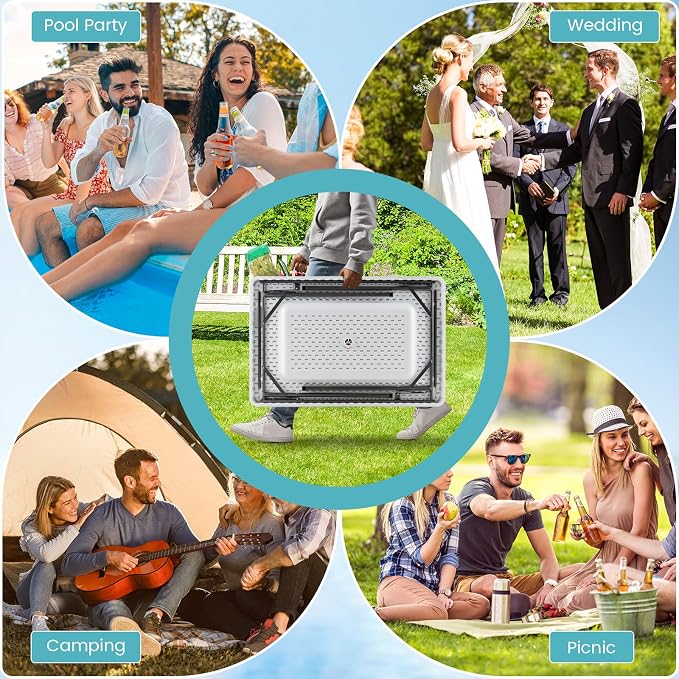 KOTEK Folding Ice Cooler Table with Drain and Skirt, Foldable Beverage Cooler Table Buffet Salad Cooler Server with Edge, Portable Chill Table for Party, Wedding, Picnic, Camping