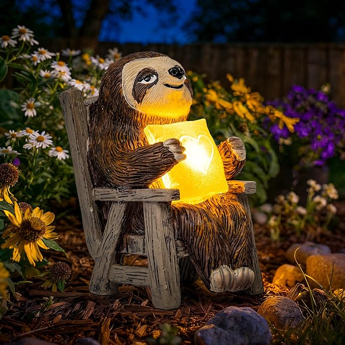 SOWSUN Garden Statue, Solar Sloth Decoration with Light, Outdoor Decor for Patio Table Yard Lawn Balcony Window Sill, Christmas/Birthday Gift for Mom Women