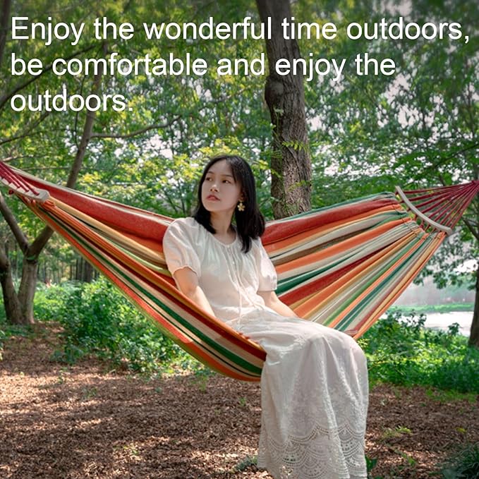 Portable Canvas Hammock with Wooden Sticks for Outdoor Camping and Playing Portable Tree Hanging Good Hammock Comfortable(L)