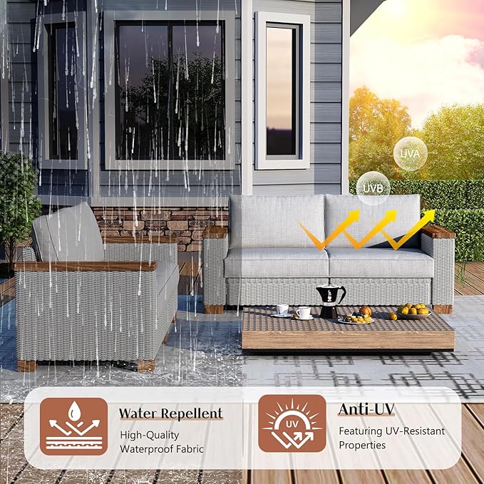 7-Piece Outdoor Patio Sofa Set, PE Wicker Furniture with 5.9" Solid Wood Armrest, Deep Seating Sectional Conversation Set with Cushions for Backyard, Deck, Porch, Poolside, Garden