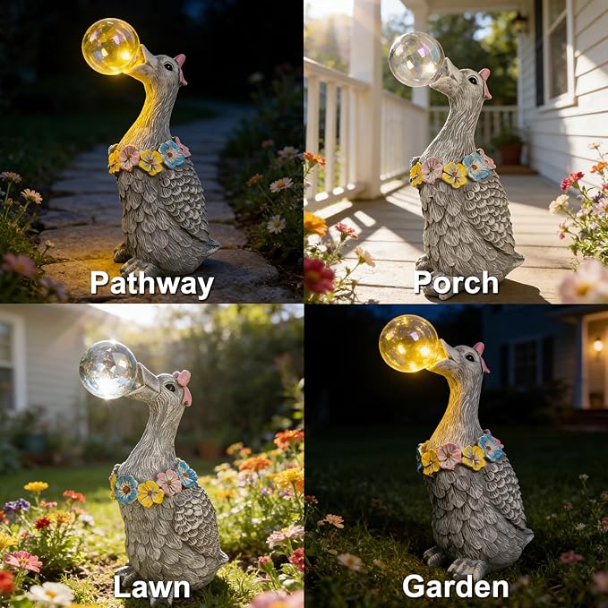 Porch Goose Statue with Solar Bubble Light Garden Gray Figurine Decor for Yard Lawn Patio Outdoor Decorations Housewarming Gifts for Mom Grandma Women