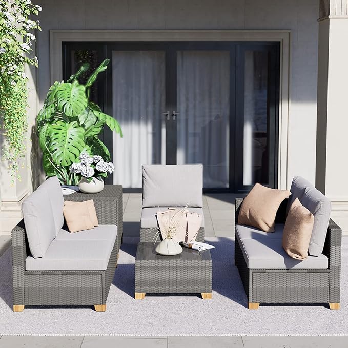 Grand patio Outdoor Conversation Set with Wicker Armless Seat,Wicker Patio Furniture Set,Modular Sectional Sofa Set with Thick Cushions for Backyard Garden Poolside(Armless Single Seat, Light Gray)