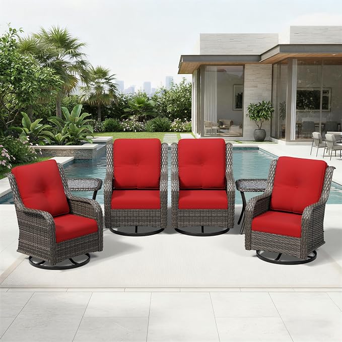 Joyside 6 Piece Wicker Patio Furniture Set, Outdoor Swivel Rocker Patio Chairs with High Back, Deep Seating, Wide Armrest, Thickened Cushions, Outdoor Furniture for Deck, Porch Use