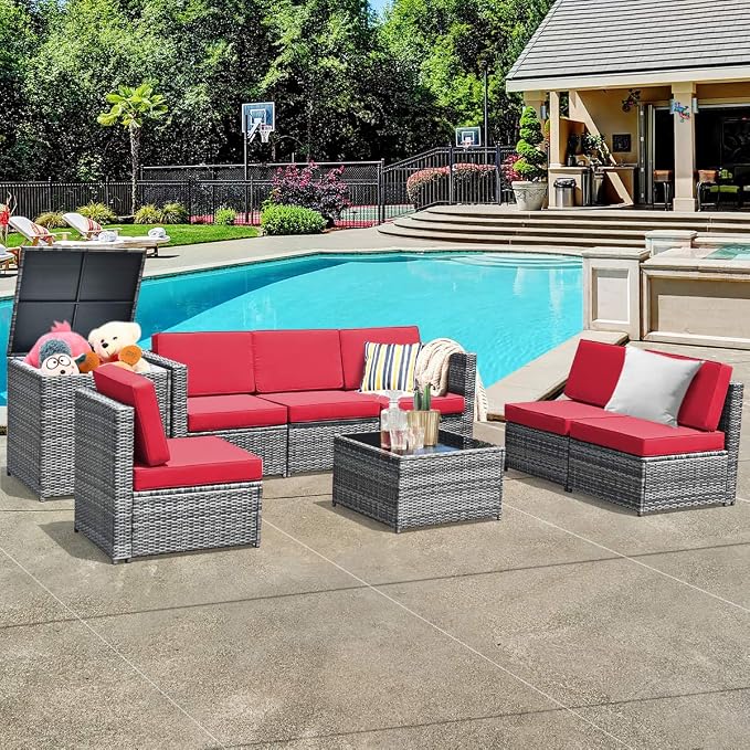 RELAX4LIFE 8-Piece Patio Furniture Set - PE Wicker Conversation Set w/Soft Cushions & Tempered Glass Storage Table, Outdoor Sectional Sofa Set for Garden, Poolside, Backyard (Red)