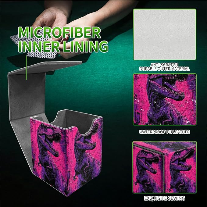 Pink Dinosaur Card Deck Box for MTG, Personalized Card Storage Case Fits 120+ Sleeved Cards, Premium Leather TCG Box with Strong Magnetic Closure for Magic, CCG, PTCG, Baseball Cards
