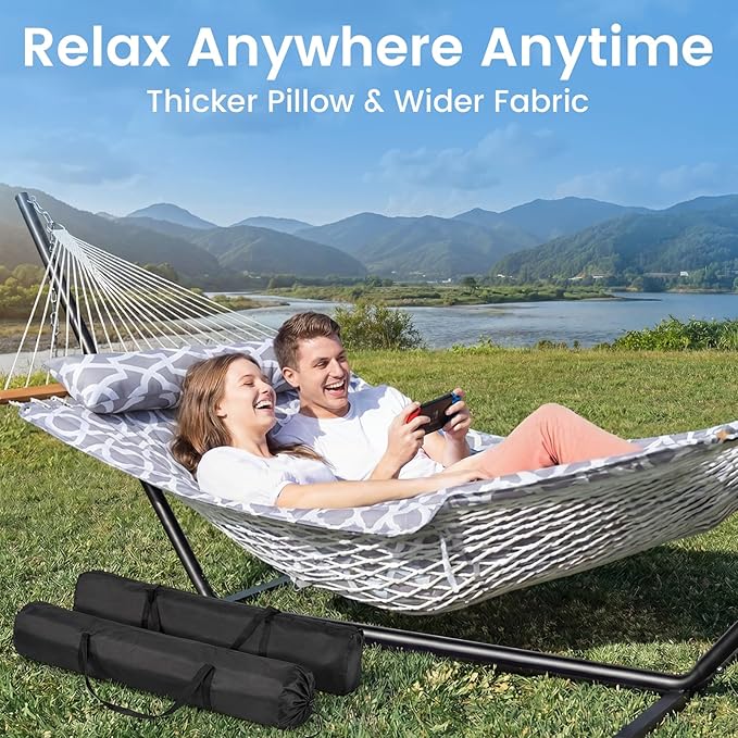 Double Hammock with Stand – Portable Cotton Rope Hammock with Removable Quilted Pad & Pillow, Adjustable Steel Frame for Patio, Backyard, Garden, Park, Camping & Outdoor Relaxation – White Gray