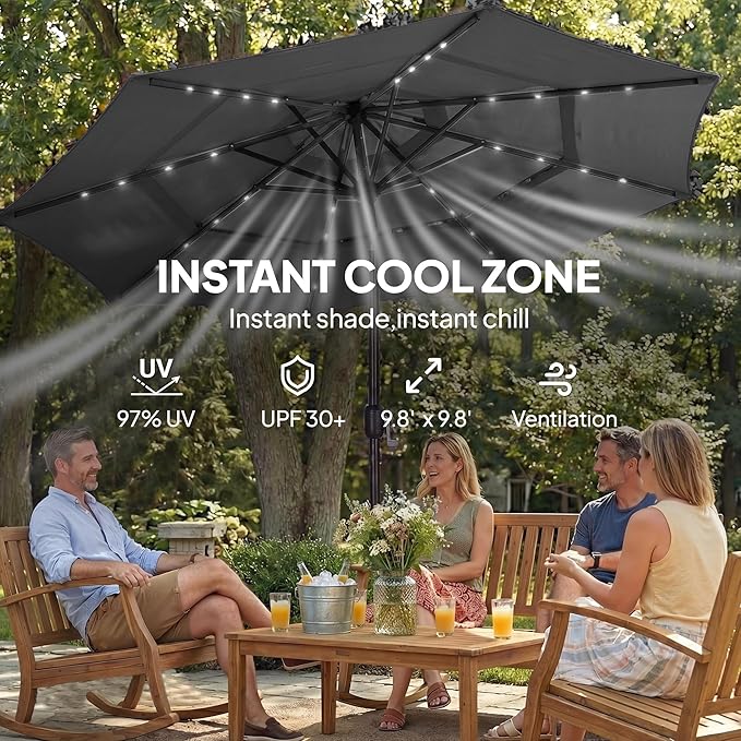 Outsunny 9.7 ft Outdoor Patio Umbrella with 32 Solar LED Lights, 3 Tier Outdoor Table Market Umbrella with Tilt and Crank, 8 Ribs for Garden, Deck, Yard, Poolside