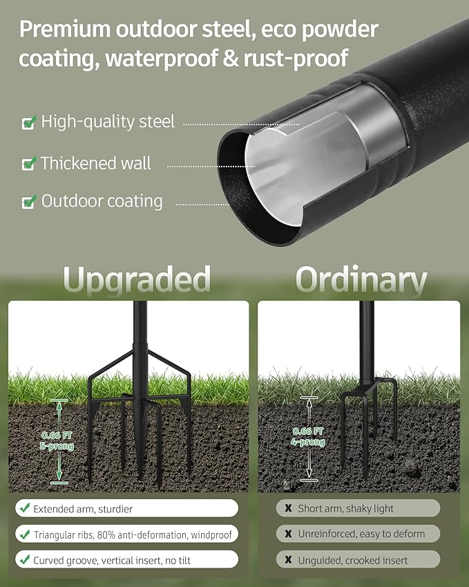 LAND·VOI String Light Poles 4 Pack, Heavy Duty Outdoor Light Poles with Upgraded 5‑Prong Base, Anti‑Bending Stable Design for Backyard Patio Garden Wedding Party Decoration