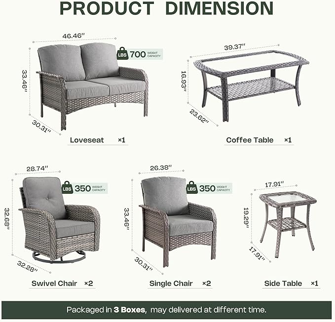 7-Piece Patio Furniture Set, Outdoor Wicker Furniture with Coffee Table, High Back Swivel Rocker Patio Chairs, Modern Rattan Outdoor Chairs Conversation Set for Porch, Balcony, Garden, Dark Gray