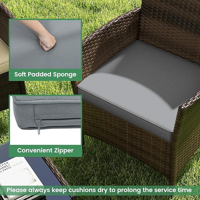 RELAX4LIFE 4-Piece Patio Furniture Set - Rattan Outdoor Conversation Bistro Set w/Cushions, Glass Coffee Table, Wicker Chairs & Loveseat for Garden Backyard Porch, Balcony Furniture Set (1, Grey)