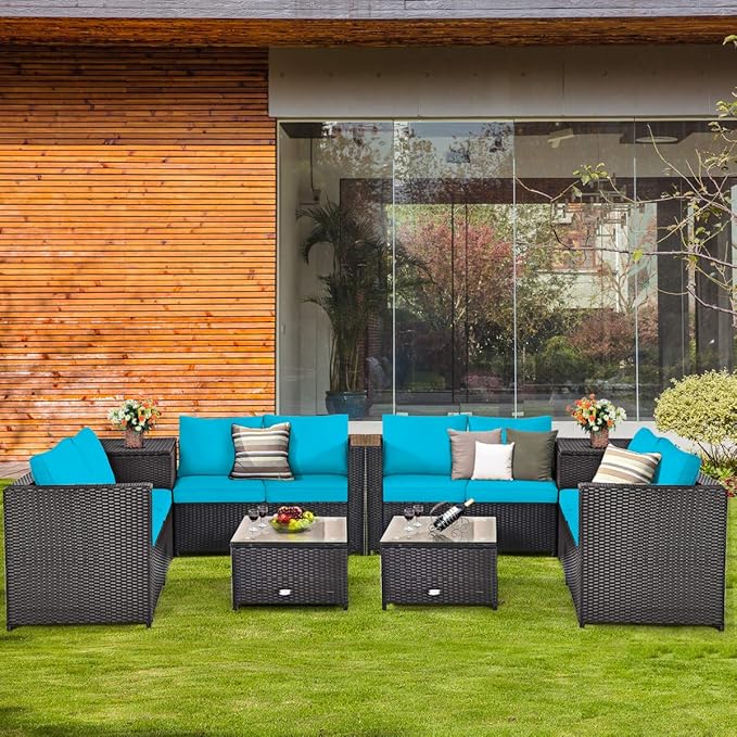 Tangkula 8 Piece Wicker Patio Set with Storage, All Weather-Proof Outdoor Conversation Set with Loveseat, Glass Top Coffee Table & Storage Box, Suitable for Garden, Poolside, Sunroom (2, Turquoise)