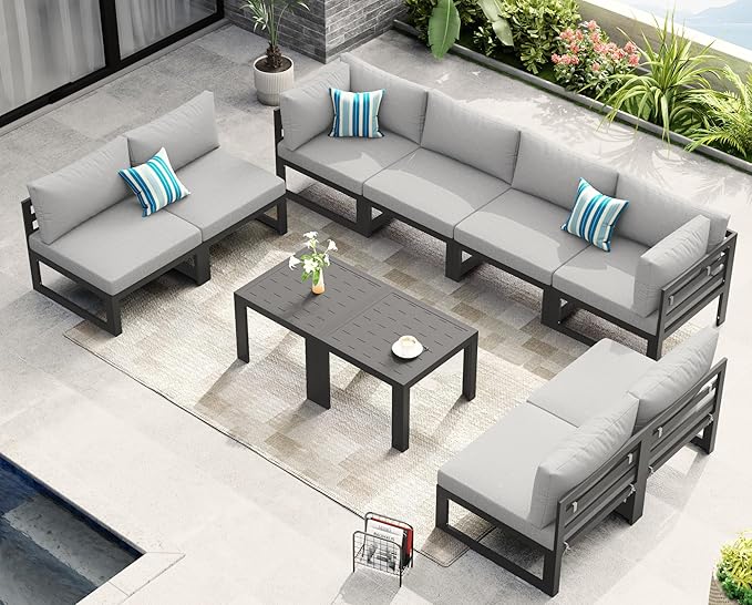 NICESOUL Oversized Modular Aluminum Outdoor Furniture Set, 29" Deep Wide Sectional Seating Set of 10, 500 lbs High Weight Capacity Water Resistant Patio Conversation Set for Garden Deck, Light Gray